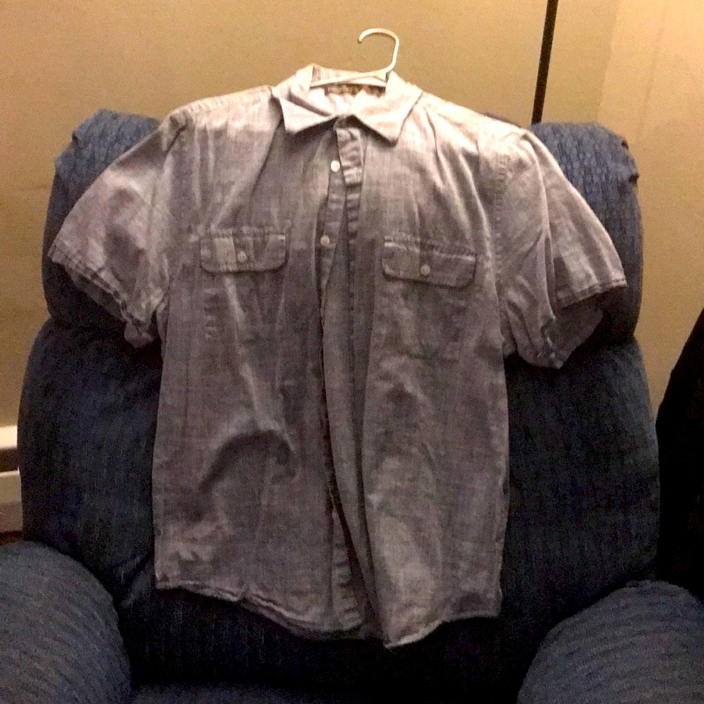 Large Blue mans button up short sleeve dress shirt.